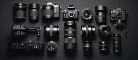 A group of cameras sitting next to each other created with technology photo