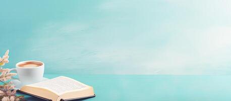 A cup of coffee and an open book on a table created with technology photo