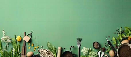 un verde pared con jardinería herramientas y flores creado con generativo ai tecnología foto