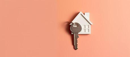 A house shaped keychain hanging on a wall created with technology photo