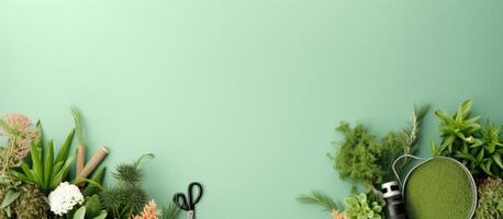 A green wall with a pair of scissors and a potted plant created with technology photo