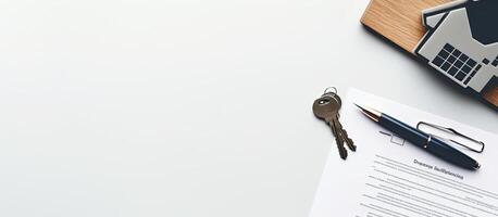 A house key, pen, and paper on a desk created with technology photo