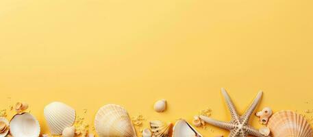 A group of seashells and starfish on a yellow background created with Generative AI technology photo