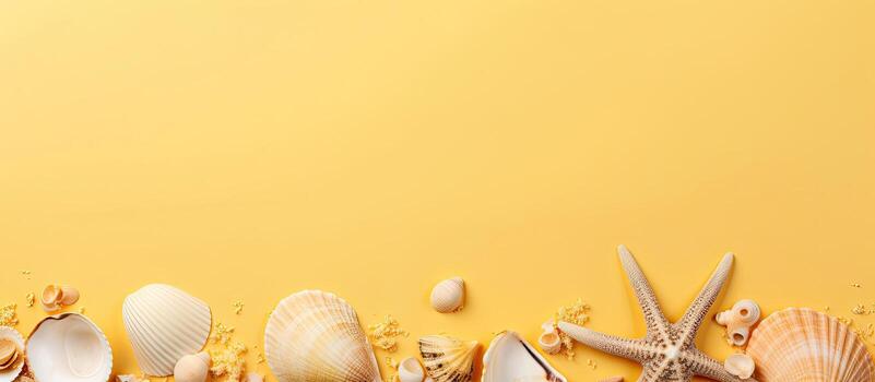 A group of seashells and starfish on a yellow background created with technology photo
