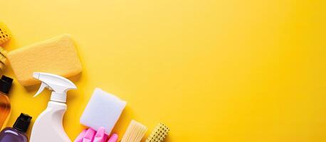 A variety of cleaning products on a yellow background created with Generative AI technology photo