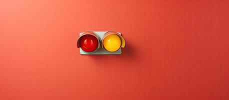 A red and yellow traffic light on a red wall created with Generative AI technology photo