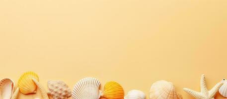 A row of sea shells on a yellow background created with Generative AI technology photo