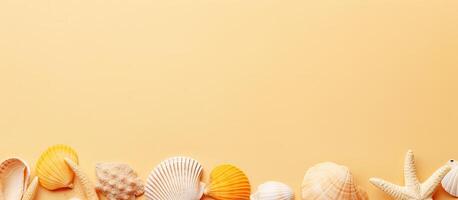 A row of sea shells on a yellow background created with technology photo