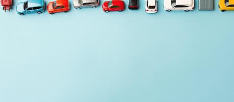 Toy cars lined up in a row on a blue background created with Generative AI technology photo