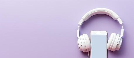 A pair of headphones and a cell phone on a purple background created with Generative AI technology photo