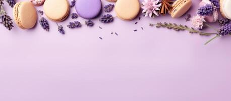 A purple background with macaroons and lavender flowers created with Generative AI technology photo