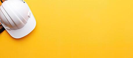 A white hard hat sitting on top of a yellow table created with technology photo