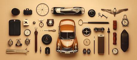 A car surrounded by many different types of items created with technology photo