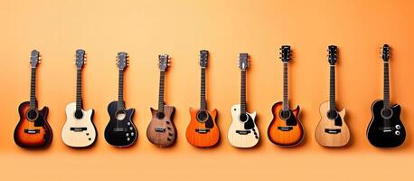 A row of guitars lined up against an orange background created with Generative AI technology photo