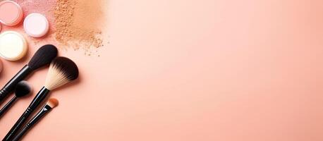 Makeup brushes and powder on a pink background created with technology photo