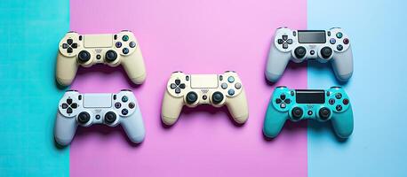 Four game controllers sitting next to each other created with technology photo