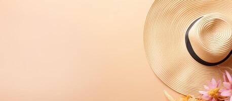 A straw hat and flowers on a pink background created with technology photo