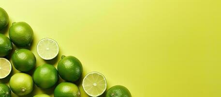 A pile of limes and lime slices on a yellow background created with Generative AI technology photo