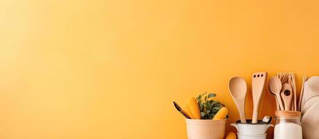 A yellow wall with utensils and other kitchen utensils created with technology photo