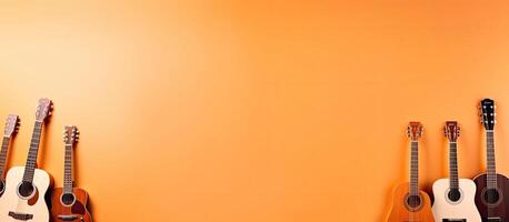 Three guitars are lined up against an orange wall created with technology photo