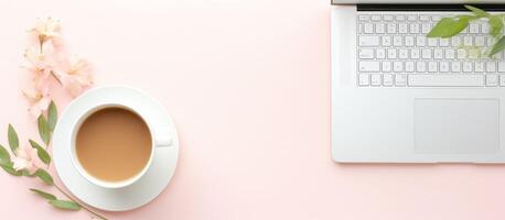 A cup of coffee next to a laptop computer created with technology photo