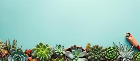 A row of succulents with a blue background created with Generative AI technology photo