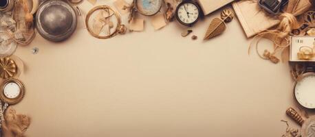 A table topped with lots of different types of clocks created with Generative AI technology photo