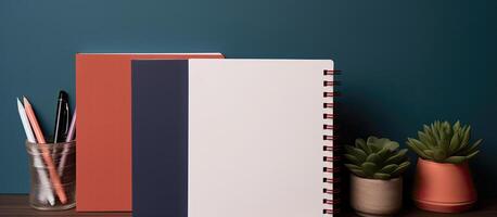 A stack of notebooks sitting on top of a wooden table created with Generative AI technology photo