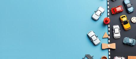 Toy cars are lined up on the road created with technology photo