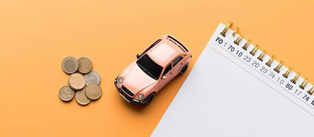 A pink toy car next to a pile of coins created with Generative AI technology photo