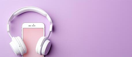 A pair of headphones and a phone on a purple background created with technology photo