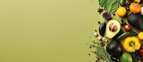 An assortment of fresh fruits and vegetables on a green background created with technology photo