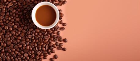 A cup of coffee surrounded by coffee beans created with technology photo