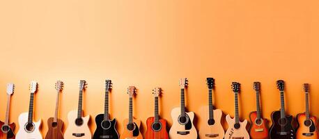 A row of guitars lined up against a wall created with Generative AI technology photo