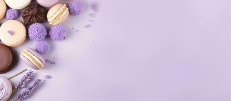 A purple background with macaroons and lavender flowers created with Generative AI technology photo