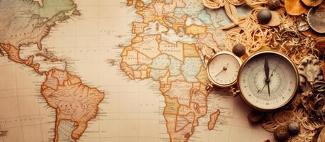 A map of the world with a compass on it created with technology photo