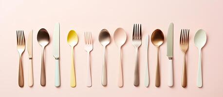 A group of forks and spoons lined up in a row created with Generative AI technology photo