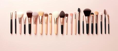 A collection of makeup brushes lined up in a row created with technology photo