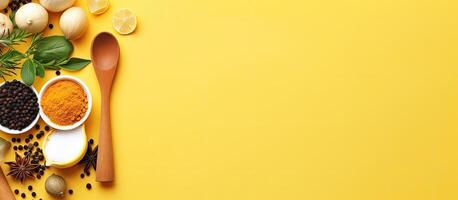 Various spices and spoons on a yellow background created with technology photo