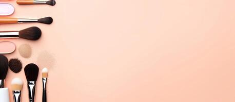 A set of makeup brushes on a pink background created with technology photo