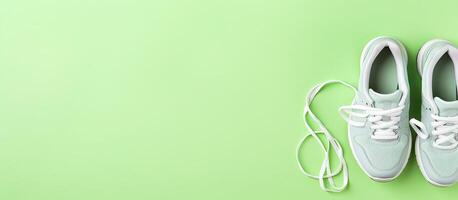 A pair of sneakers and a pair of headphones on a green background created with technology photo