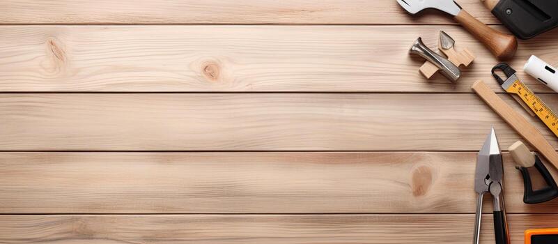 un de madera mesa coronado con un montón de herramientas creado con generativo ai tecnología foto