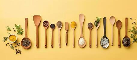 Spoons lined up in a row on a yellow background created with Generative AI technology photo