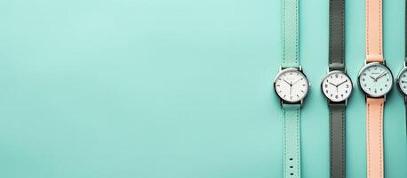 Three watches are hanging on the side of a wall created with technology photo