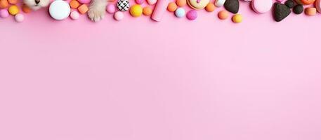 un rosado antecedentes con un montón de caramelo y golosinas creado con generativo ai tecnología foto
