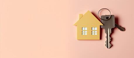 A house shaped keychain sitting on top of a pink wall created with technology photo