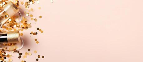 Two bottles of champagne surrounded by gold confetti created with technology photo