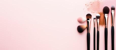 A group of makeup brushes sitting on top of a pink surface created with Generative AI technology photo