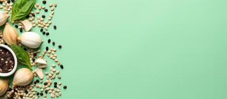 Garlic, basil, and other ingredients on a green background created with technology photo