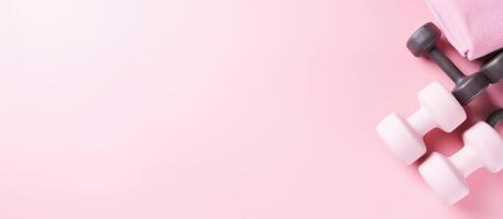 A pair of dumbs and a towel on a pink background created with technology photo